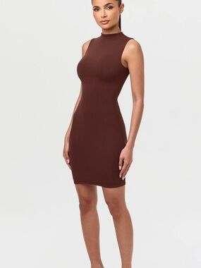 Naked Wardrobe Ribbed Bodycon Dress | Chocolate Brown Mock Neck Midi | Size M